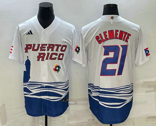 Men%27s Puerto Rico Baseball #21 Roberto Clemente 2023 White World Baseball Classic Stitched Jersey